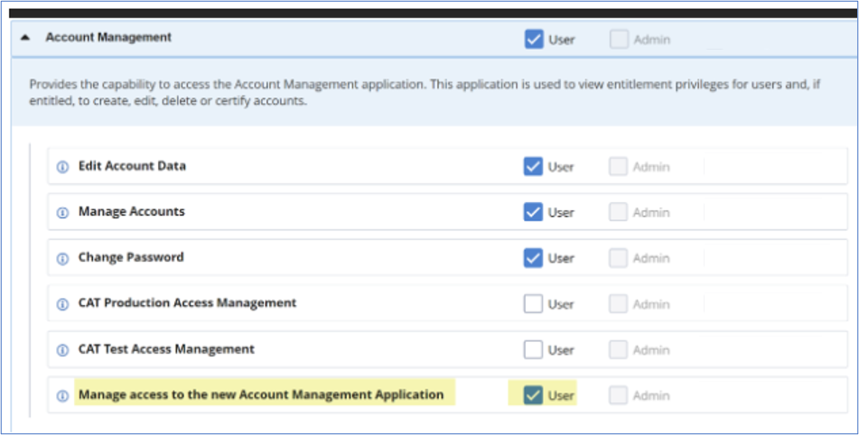 Entitlement Reference Guide: Section 1.6: Account Mgmt User